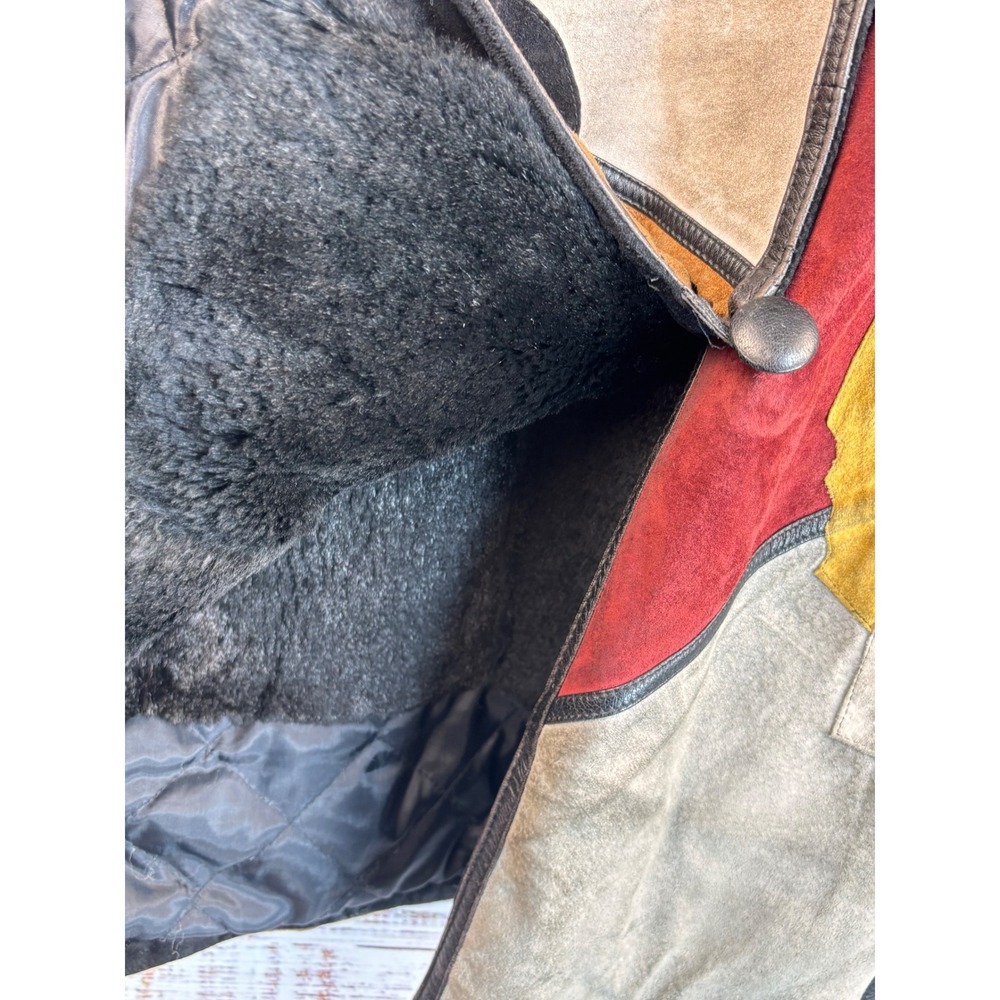 Vintage 80s Suede Leather Patchwork Jacket Fur Collar Geometric Art Earth L‎ OOK - Picture 13 of 15